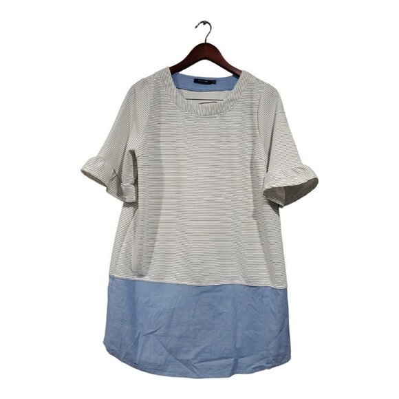 Doe & Rae Women's Short Flutter Sleeve Round Neck Striped Color Block Dress Sz L - Picture 1 of 13